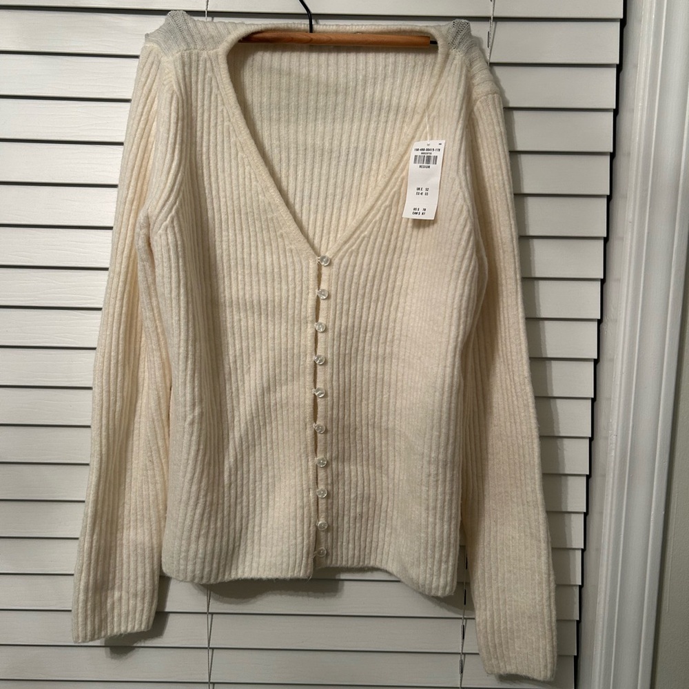 Cream Ribbed V-Neck Button-Front Women's Sweater